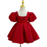 Polyester Princess Girl One-piece Dress with bowknot red PC