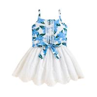 Polyester & Baumwolle Mädchen zweiteilige Kleid Set, Tank-Top & Rock, Gedruckt, Floral, Blau,  Festgelegt