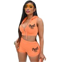 Polyester Women Casual Set & two piece short pants & top printed letter Set