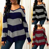 Polyester Women Sweater & off shoulder & loose knitted striped PC