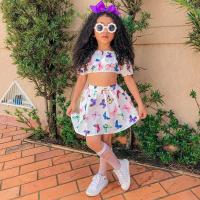 Polyester Girl Clothes Set & two piece skirt & top printed butterfly pattern white Set