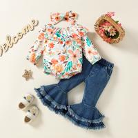 Polyester Girl Clothes Set & two piece & loose Pants & top printed floral blue Set