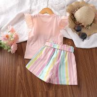 Polyester Girl Clothes Set Cute & two piece & loose Pants & top printed striped pink Set