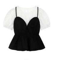 Polyester Girl Top & fake two piece & hollow Lace floral black PC