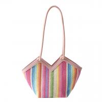Straw & PU Leather Tote Bag Woven Shoulder Bag large capacity striped PC