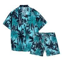Polyester Men Casual Set & two piece & loose short pants & top printed leaf pattern Set