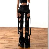 Polyester High Waist Women Long Trousers & hollow & breathable Solid black PC