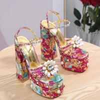 Silk & PU Leather chunky High-Heeled Shoes floral multi-colored Pair