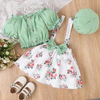Cotton Girl Clothes Set & three piece Hat & suspender skirt & top green Set
