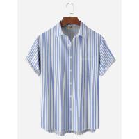 Polyester Plus Size Men Short Sleeve Casual Shirt striped blue PC