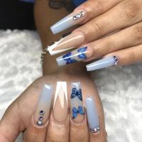 Plastic Creative Fake Nails for women & with rhinestone butterfly pattern blue Set