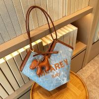 PU Leather & Denim Tote Bag Shoulder Bag with hanging ornament blue PC