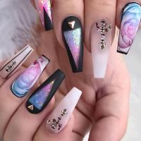 Plastic Creative & Easy Matching Fake Nails with rhinestone floral multi-colored Set