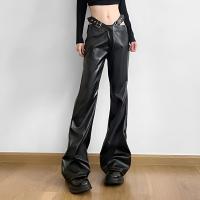 PU Leather & Polyester High Waist Women Casual Pants slimming Solid black PC