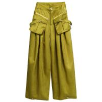 Polyester Long Trousers & Wide Leg Trousers & High Waist Women Casual Pants & loose Solid green PC