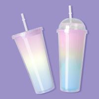 Polystyrene Portable Cup durable & double layer Drinking Straw rainbow pattern PC