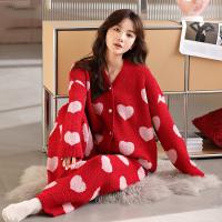 Polyester Women Pajama Set thicken & two piece & thermal heart pattern red Set