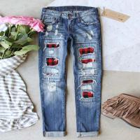 Baumwoll-Denim Frauen Jeans, Ausgefranst, Plaid, Blau,  Stück