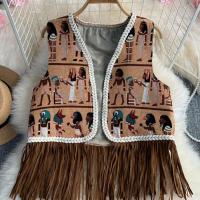 Polyester Tassels Women Vest loose character pattern brown : PC