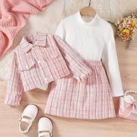 Cotton Girl Clothes Set & three piece skirt & top & coat plaid pink Set