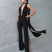 Polyester Slim Women Sexy Jumpsuit & hollow Solid black PC