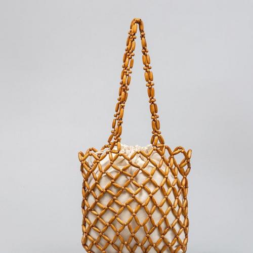 Wooden Beads & Polyester Cotton Easy Matching Woven Shoulder Bag hollow PC