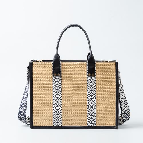 Straw & PU Leather Easy Matching Woven Tote large capacity & attached with hanging strap PC