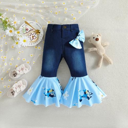 Polyester Girl Casual Pant with bowknot & for girl patchwork blue PC