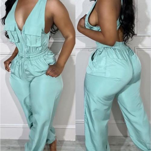 Polyester Long Jumpsuit deep V & loose PC