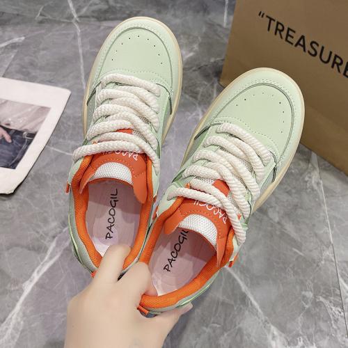 PU Leather front drawstring Women Board Shoes hardwearing Rubber Plastic Injection green Pair