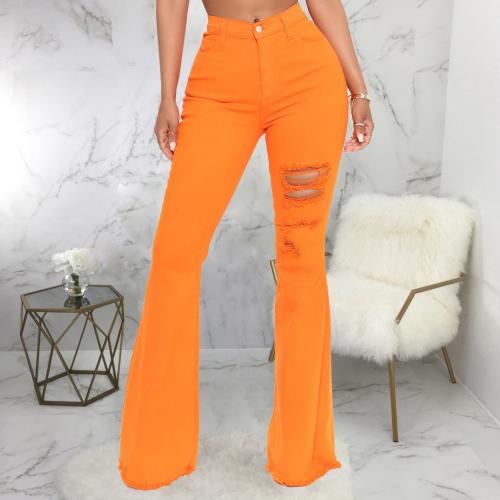 Polyester Yarns Ripped & bell-bottom & Plus Size Women Long Trousers patchwork Solid PC