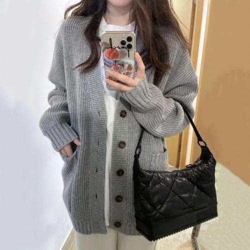 Knitted Sweater Coat loose & thermal patchwork Solid gray : PC