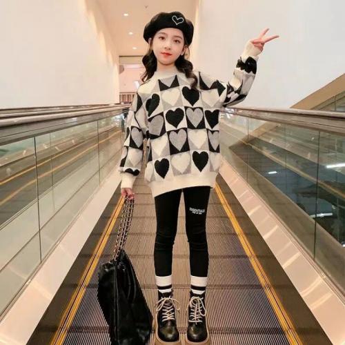 Polyester Girl Sweater & loose & thermal heart pattern PC