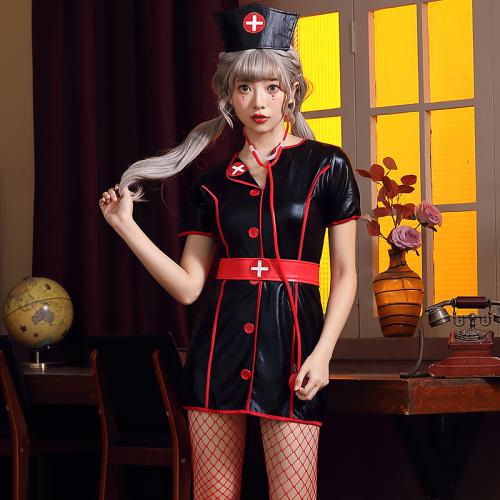 Polyester Sexy Nursing Costume hair accessories & dress & belt patchwork black Set