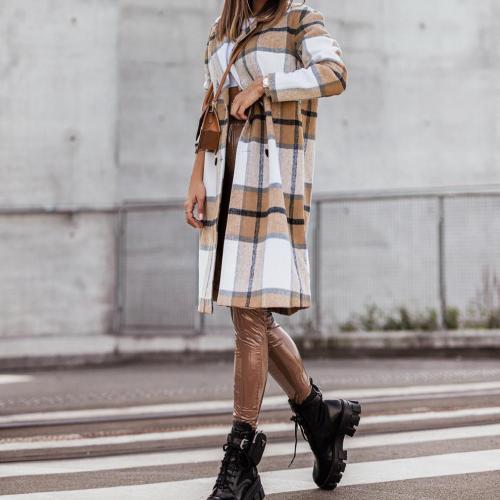 Cashmere & Polyester Women Coat mid-long style plaid PC
