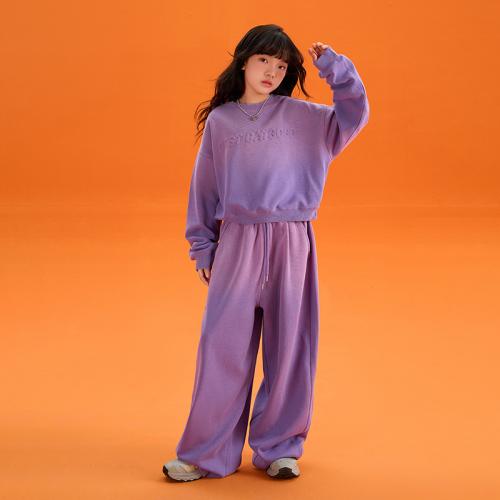 Cotton Girl Clothes Set & two piece Pants & top printed letter purple Set