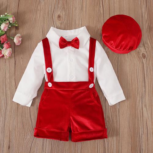 Polyester Boy Clothing Set Cute & three piece Hat & suspender pant & top red and white Set