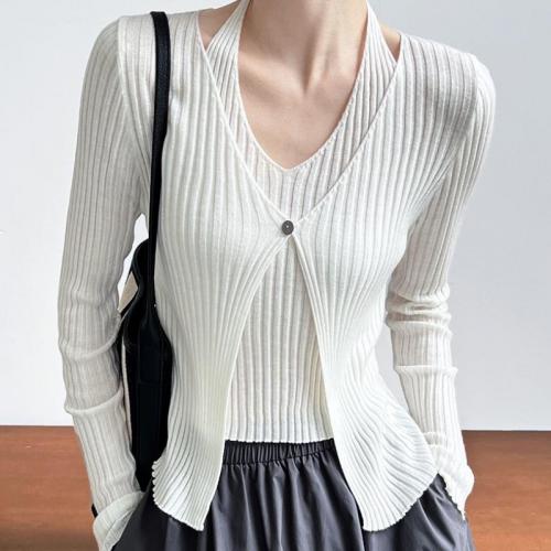Acrylic Women Knitwear fake two piece patchwork Solid PC