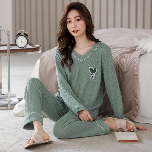 Cotton Women Pajama Set deep V & two piece & loose Solid green Set