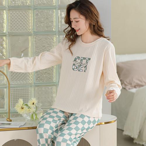 Cotton Straight Women Pajama Set flexible & two piece Cotton printed plaid beige Set
