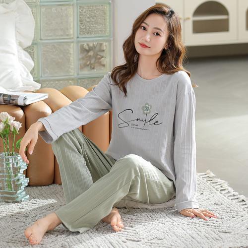 Cotton Women Pajama Set & two piece & loose Solid gray Set