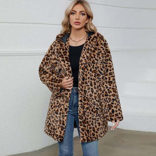 Polyester Women Overcoat & loose & thermal leopard PC