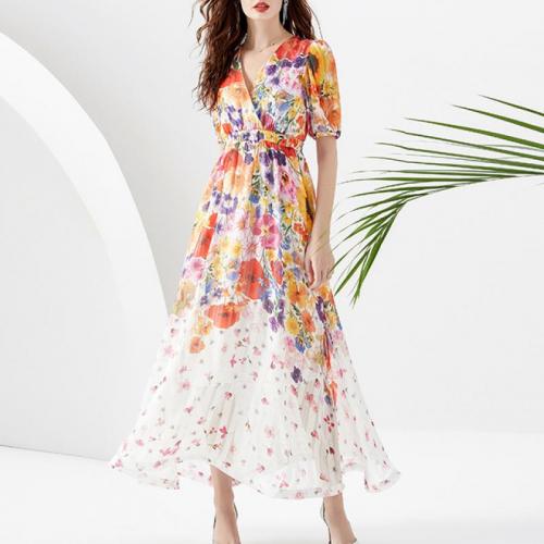 Chiffon & Polyester Waist-controlled One-piece Dress deep V & breathable printed white PC