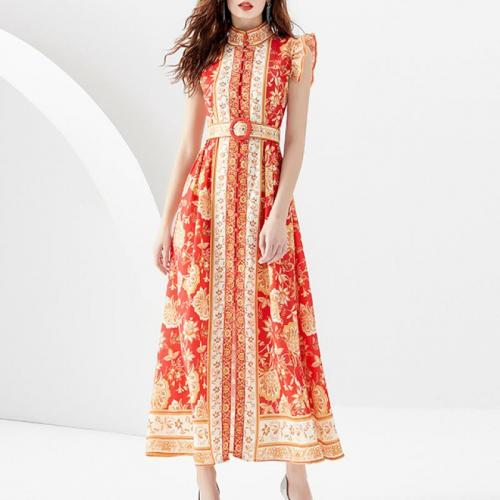 Chiffon & Polyester Waist-controlled One-piece Dress & breathable printed red PC