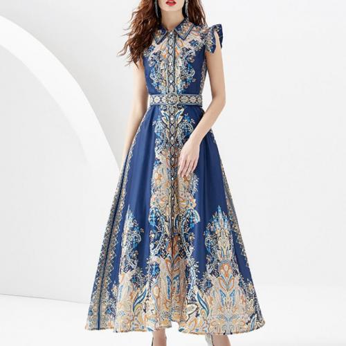 Chiffon & Polyester Waist-controlled One-piece Dress & breathable printed deep blue PC