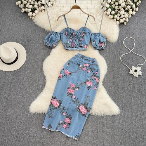 Woollen Cloth Two-Piece Dress Set printed Solid blue Set
