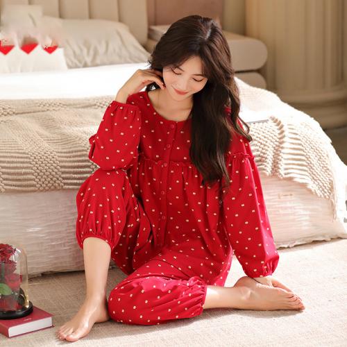Cotton Women Pajama Set & two piece & loose printed dot red Set