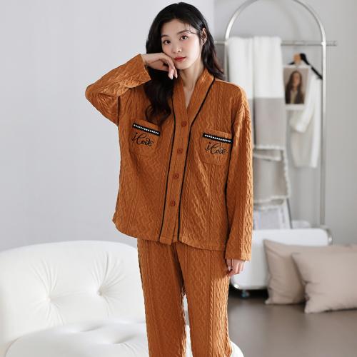 Cotton Women Pajama Set thicken & two piece & thermal Solid brown Set