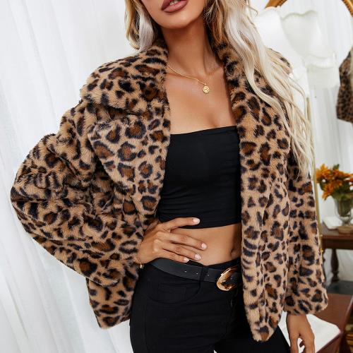 Polyester Women Overcoat thicken & loose leopard brown PC