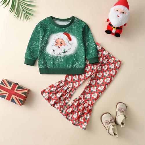 Polyester Children Christmas Costume Cute & christmas design & two piece Pants & top printed green Set
